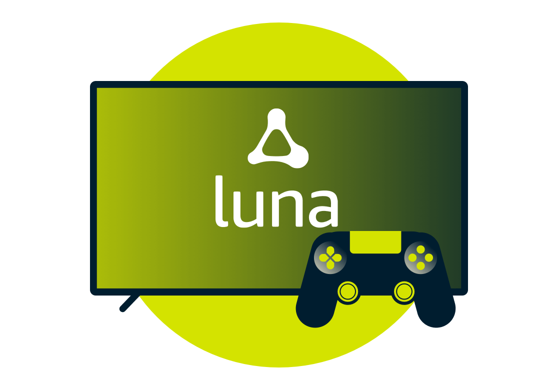 Bir oyun kumandası ve Amazon Luna logosunun bulunduğu ekran.