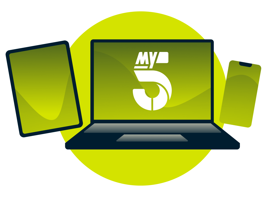 Una varietà di dispositivi con il logo My5.
