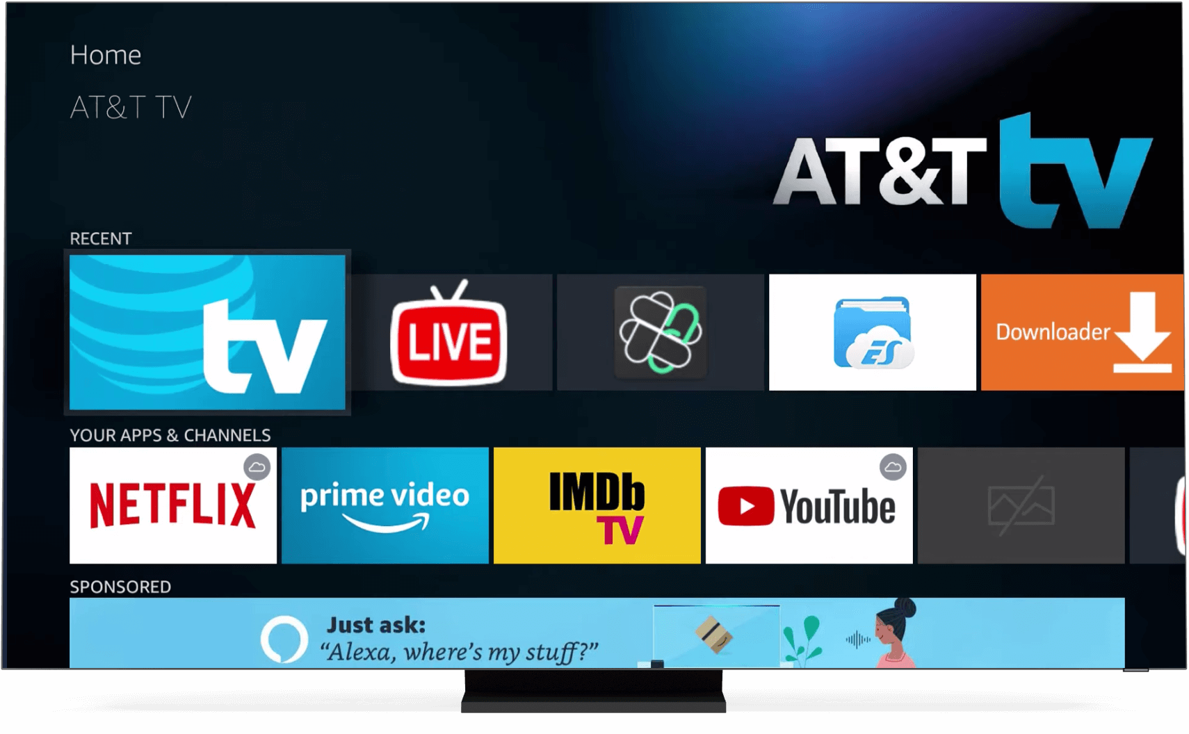 컴퓨터 모니터에 표시된 AT&T TV 홈 화면